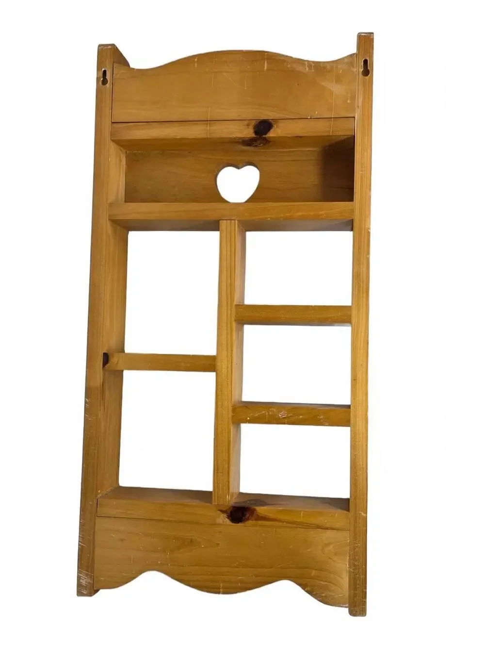 Vintage Pine Wood Wall Cubby Shelf Heart Cutout 5 Compartments Farmhouse
